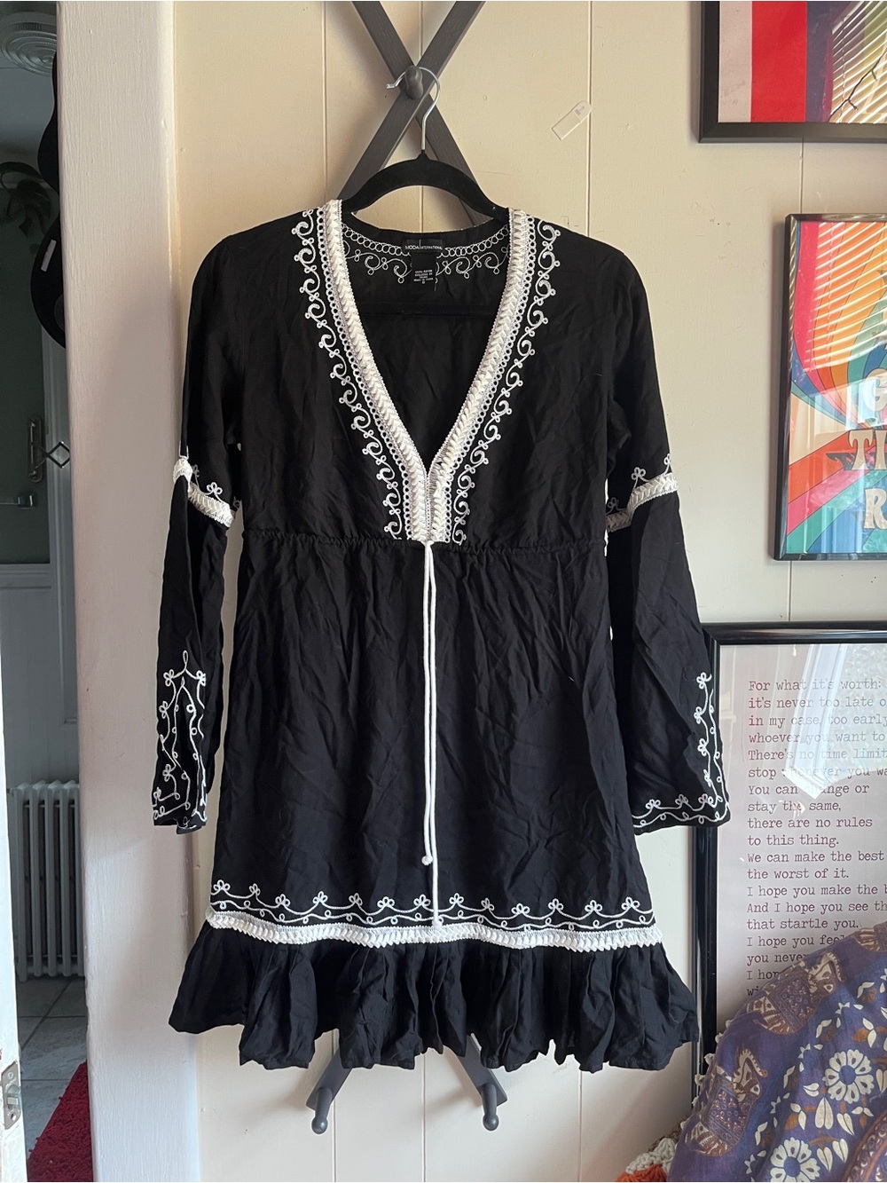Moda International Black Midi Dress with White Embroidery